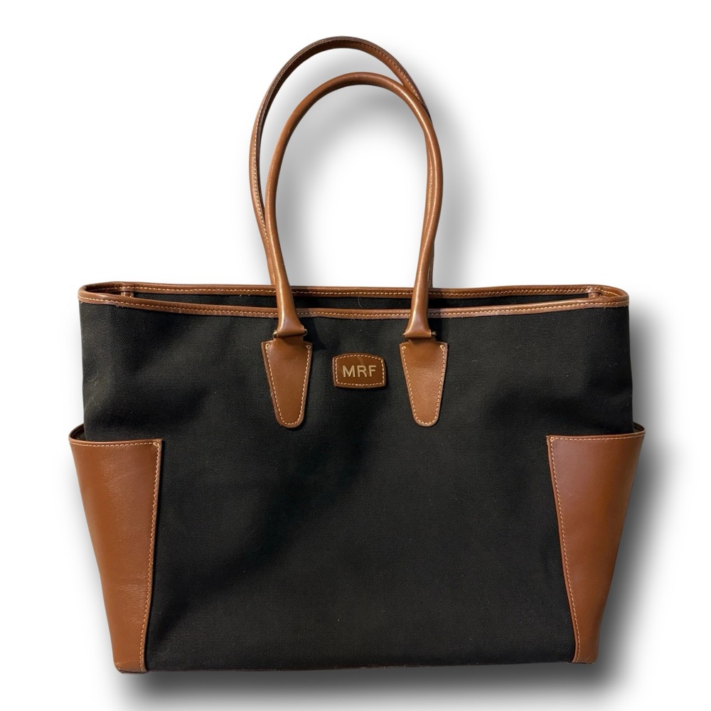 T Anthony New York Bag Tote Canvas Leather Black Tan Pockets Laptop RARE